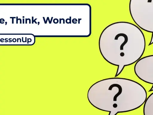 See, Think, Wonder" met vraagtekens in spraakballonnen, een uitnodiging tot verschillende werkvormen.