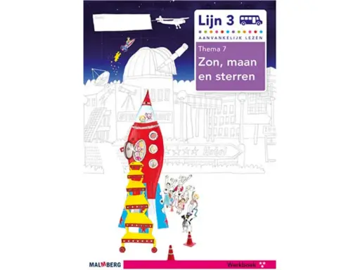 Werkboek Lijn 3, Thema 7: Zon, maan en sterren. Een raket met kinderen en honden staat klaar voor een avontuurlijke reis.