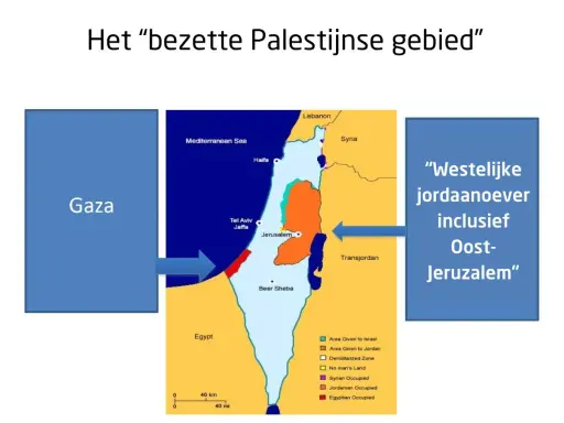 Kaart van het "bezette Palestijnse gebied", met Gaza en de Westelijke Jordaanoever. Wat is Gaza? Een gebied aan de Middellandse Zee.