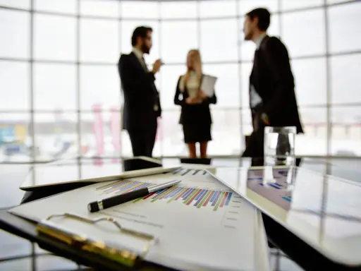 Een team bespreekt grafieken en cijfers, een vooruitblik op wat je kunt worden met bedrijfskunde: manager, strateeg of ondernemer.