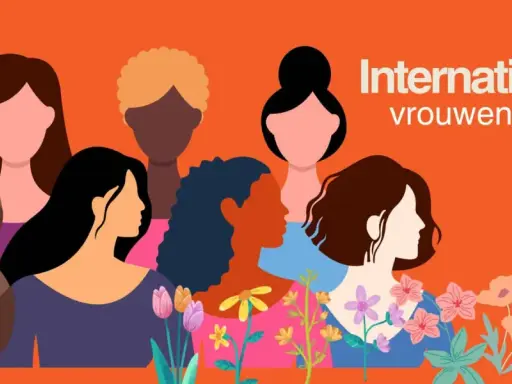 Verschillende vrouwen, met diverse achtergronden, vieren Internationale vrouwendag. Bloemen sieren de voorgrond.