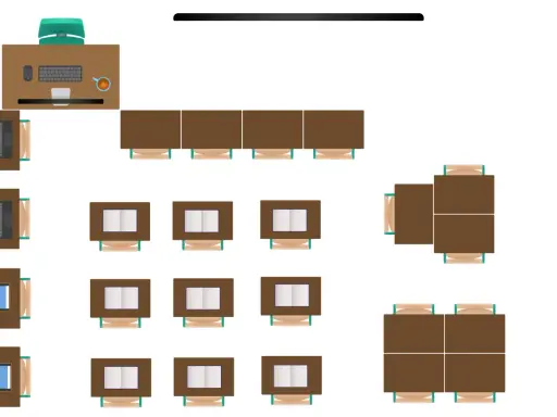 Overzicht van een school opstelling met tafels, stoelen, laptops, boeken en een bureau.