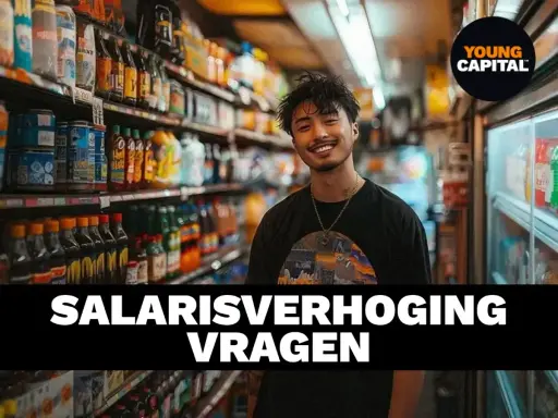 Jonge man lacht in een winkel, met de tekst "SALARISVERHOGING VRAGEN". Hij bereidt zich voor op het presenteren van zijn argumenten voor een salarisverhoging.