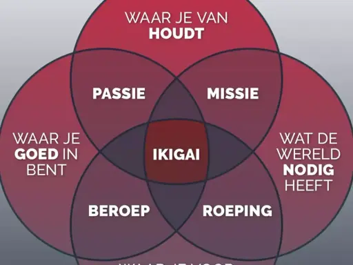 Venn-diagram met 'Ikigai' in het midden, omringd door 'Passie', 'Missie', 'Beroep', 'Roeping', 'Waar je van houdt' en 'Wat de wereld nodig heeft'. Een visuele gids voor je communicatie cursus.