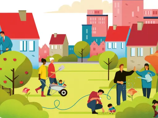 Een diverse gemeenschap werkt samen in een levendige buurt, wat **sociale duurzaamheid** belichaamt. Mensen oogsten appels, verzorgen planten en leren kinderen over de natuur.