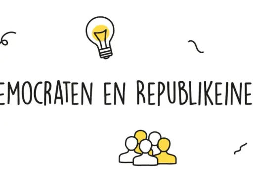 Illustratie met de tekst "DEMOCRATEN EN REPUBLIKEINEN", omringd door iconen van een kortingsbon, een gloeilamp, bubbels, mensen en een perkamentrol.