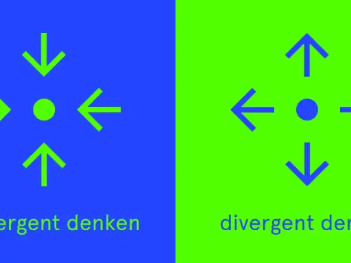 Pijlen wijzen naar een punt, wat **convergent denken** symboliseert. Tegenovergestelde pijlen wijzen weg van een punt, wat divergent denken toont.
