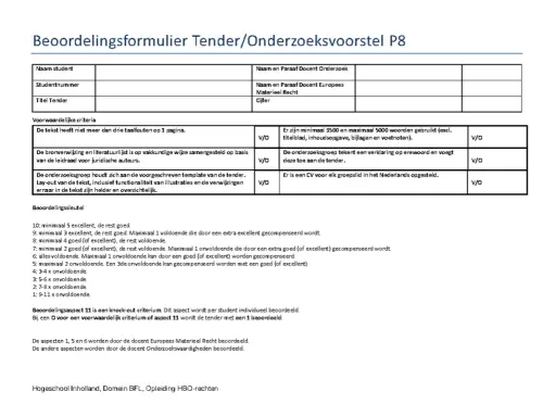 Beoordelingsformulier Tender/Onderzoeksvoorstel P8 met criteria en beoordelingssleutel.