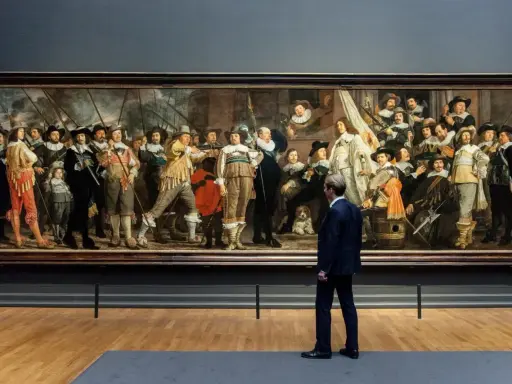 Man kijkt naar De Nachtwacht, een schilderij dat de Nederlandse nationale identiteit weerspiegelt met zijn dynamische groepsportret van schutters.
