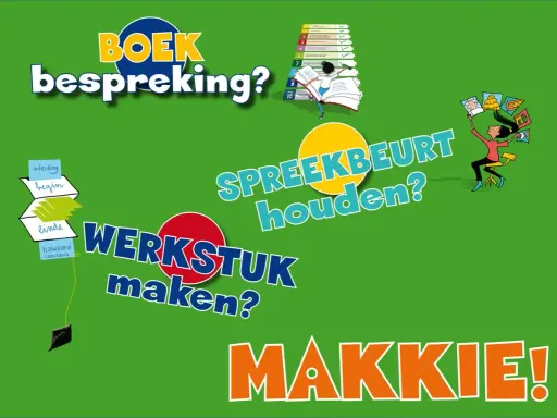 Een illustratie met de tekst "Boekbespreking? Spreekbeurt houden? Werkstuk maken? Makkie!". Dit is een leuke hulp voor groep 4.