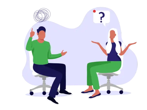 Man en vrouw in gesprek, mogelijk over communicatie met ouders. De vrouw heeft een vraagteken boven haar hoofd.