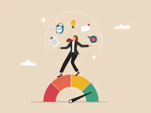 Vrouw balanceert op een meter, omringd door symbolen van productiviteit. Slimmer werken door efficiëntie en focus.