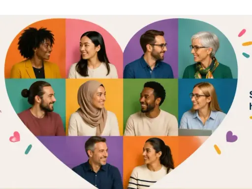 Een hartvormige collage van lachende, diverse mensen. Dit toont een inclusieve werkomgeving waar iedereen samen groeit en het verschil maakt.
