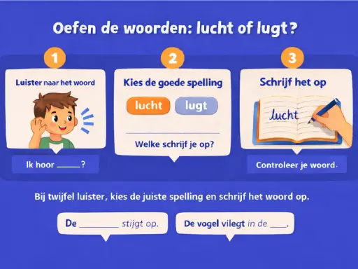 Spelling werkbladen: oefen met luisteren, kiezen en schrijven van 'lucht' of 'lugt'.