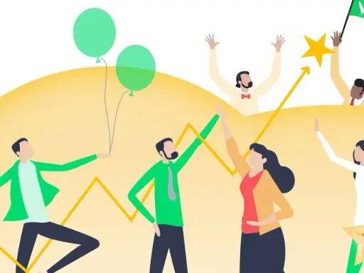 Succesvolle medewerkers vieren successen met ballonnen en sterren. Coaching medewerkers helpt teams groeien.