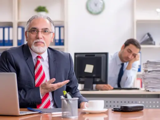 Een oudere man in pak legt iets uit, terwijl een jongere collega achter hem in slaap valt. Een beeld van volwassen worden en de uitdagingen van het werk.