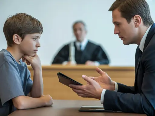 Advocaat spreekt met een jongen in de rechtszaal. De jongen, die eruitziet als 23 jaar volwassen, luistert aandachtig. Een rechter zit op de achtergrond.