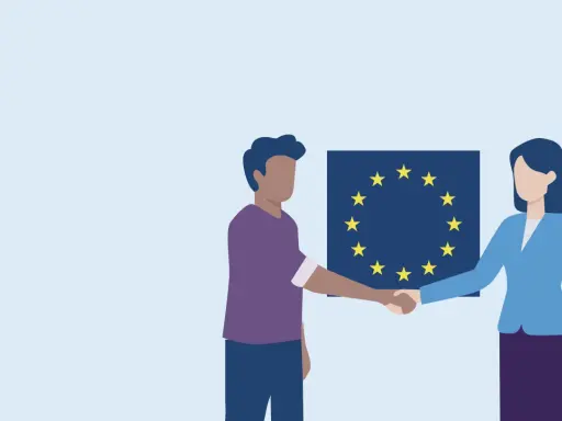 Een man en vrouw schudden handen voor de EU-vlag, symbool voor samenwerking in het vluchtelingenbeleid Nederland.