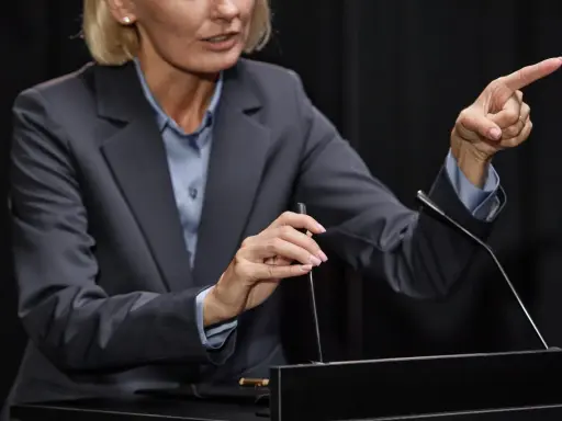 Vrouw in pak wijst met vinger, legt het gedachtegoed betekenis uit aan publiek.