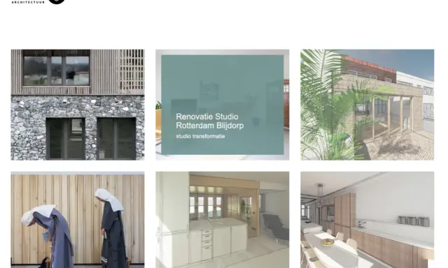 Architectuurprojecten: een portfolio toont een huis met stenen en hout, een studio renovatie, een moderne uitbouw, en interieurontwerpen.