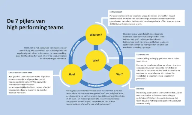 De 7 pijlers van high performing teams, met focus op leiderschap, teamklimaat en de zelfbewuste leider die richting geeft.