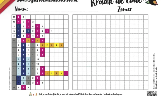 Kraak de code groep 3: een zomerse puzzel met cijfers en vakjes om in te kleuren. Welk figuur komt tevoorschijn?