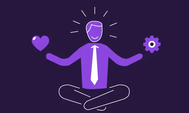 Een projectmanager in meditatie, met een hart (empathie) en een tandwiel (technische vaardigheden) in zijn handen. Essentiële competenties projectmanager.