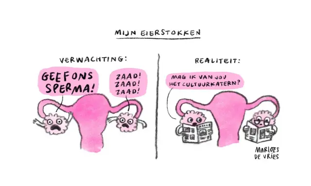 Links: eierstokken schreeuwen om sperma. Rechts: eierstokken lezen cultuurkatern, een beeld van bewust kinderloos.