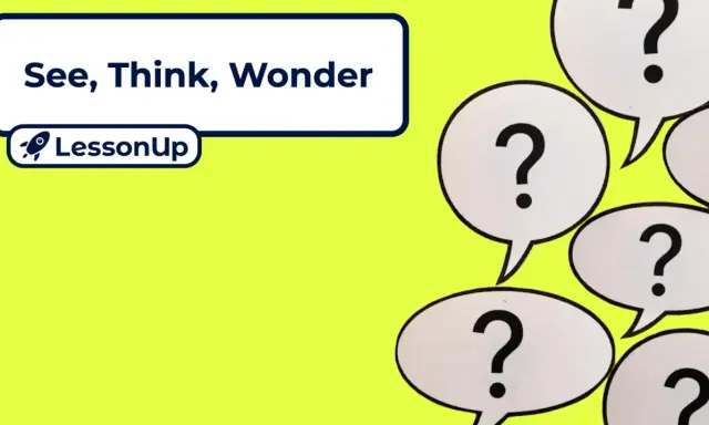 See, Think, Wonder" met vraagtekens in spraakballonnen, een uitnodiging tot verschillende werkvormen.