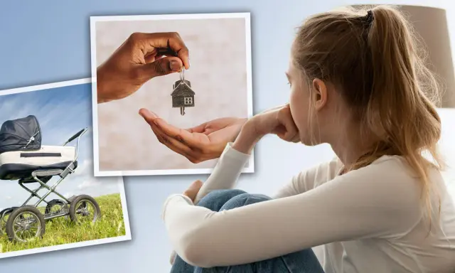 Een meisje denkt na over de toekomst. Een kinderwagen en huissleutels symboliseren de droom van een gezin, maar 1 op de 4 dromen blijven onvervuld.