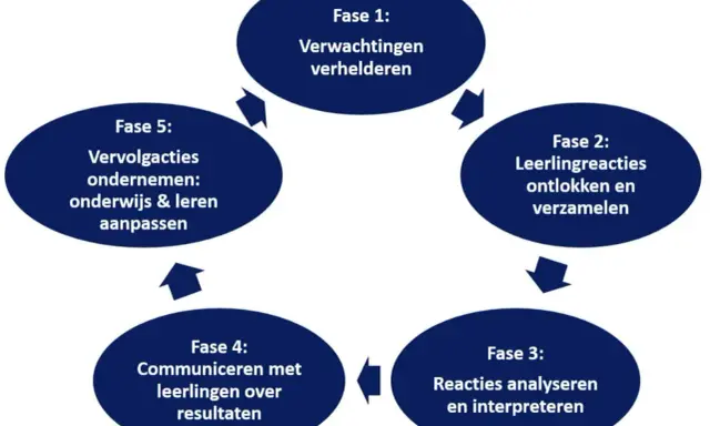 Schema van de theorie data cyclus: verwachtingen verhelderen, leerlingreacties verzamelen, analyseren, communiceren en onderwijs aanpassen.