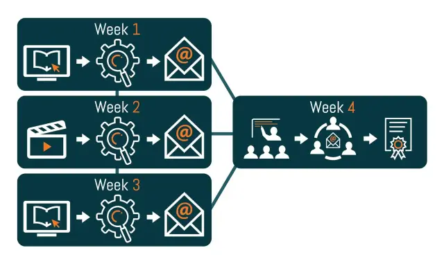 Schema van blended learning voorbeelden: online leren, analyse, e-mail in week 1-3. Week 4: presentatie, groepswerk, certificaat.