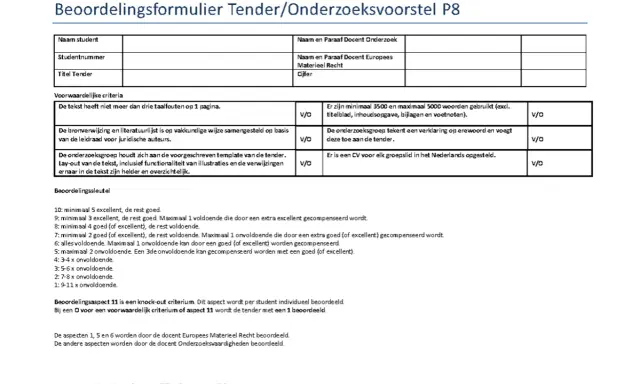 Beoordelingsformulier Tender/Onderzoeksvoorstel P8 met criteria en beoordelingssleutel.