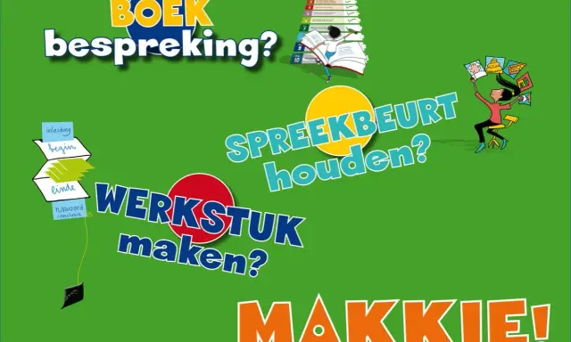 Een illustratie met de tekst "Boekbespreking? Spreekbeurt houden? Werkstuk maken? Makkie!". Dit is een leuke hulp voor groep 4.