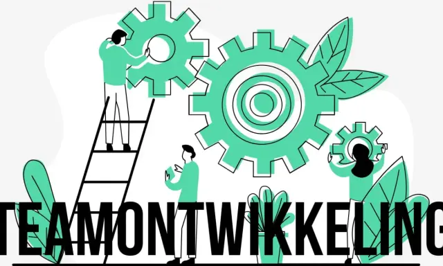 Mensen werken samen aan tandwielen, symbool voor een team ontwikkel plan.