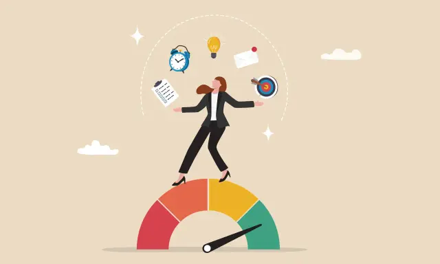 Vrouw balanceert op een meter, omringd door symbolen van productiviteit. Slimmer werken door efficiëntie en focus.