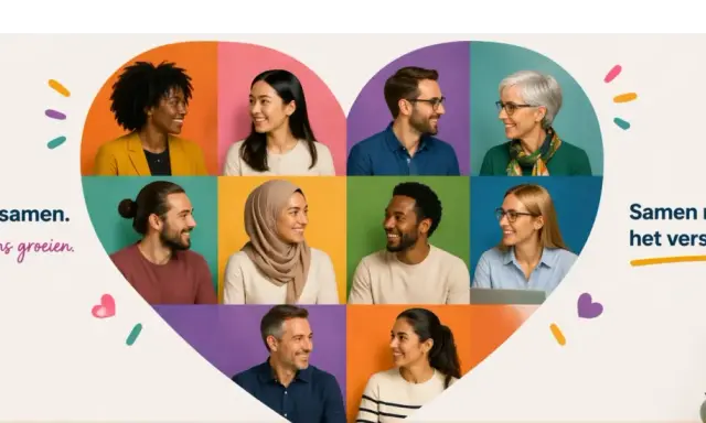 Een hartvormige collage van lachende, diverse mensen. Dit toont een inclusieve werkomgeving waar iedereen samen groeit en het verschil maakt.