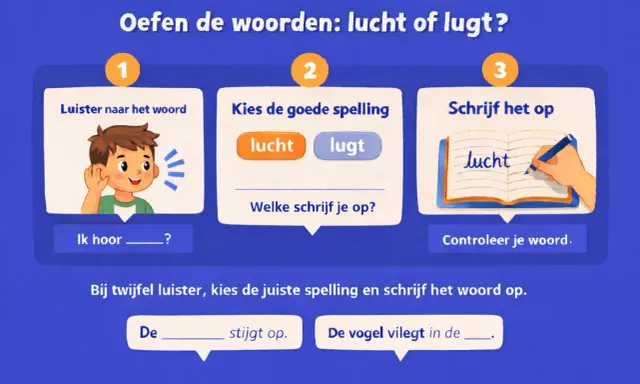 Spelling werkbladen: oefen met luisteren, kiezen en schrijven van 'lucht' of 'lugt'.