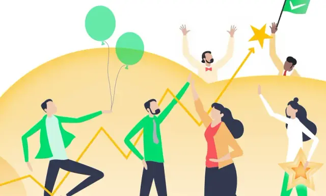 Succesvolle medewerkers vieren successen met ballonnen en sterren. Coaching medewerkers helpt teams groeien.