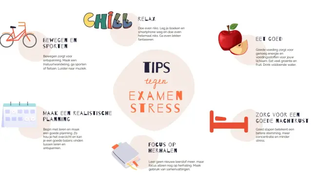 Tips voor een start nieuw schooljaar: bewegen, relaxen, goed eten, plannen, herhalen en slapen.