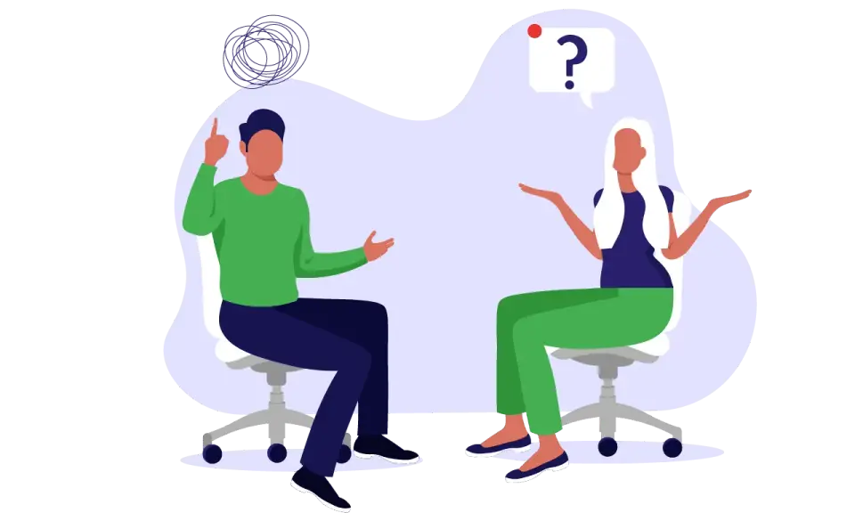 Man en vrouw in gesprek, mogelijk over communicatie met ouders. De vrouw heeft een vraagteken boven haar hoofd.