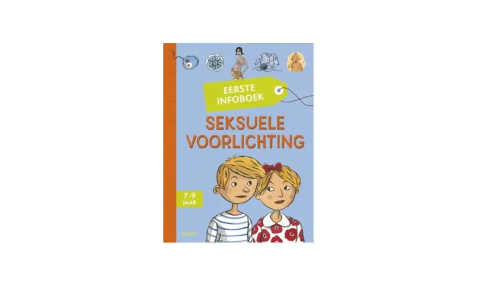Eerste infoboek over seksuele voorlichting voor kinderen van 7-9 jaar, met illustraties van een zwangere vrouw en baby's.