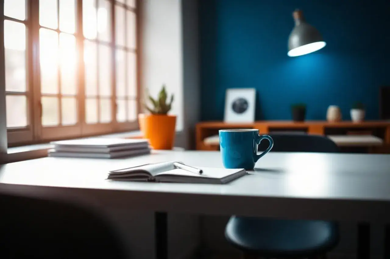 Een blauwe mok, open notitieboek en stapel papieren op een bureau. De zon schijnt door het raam, ideaal voor focus op werk.
