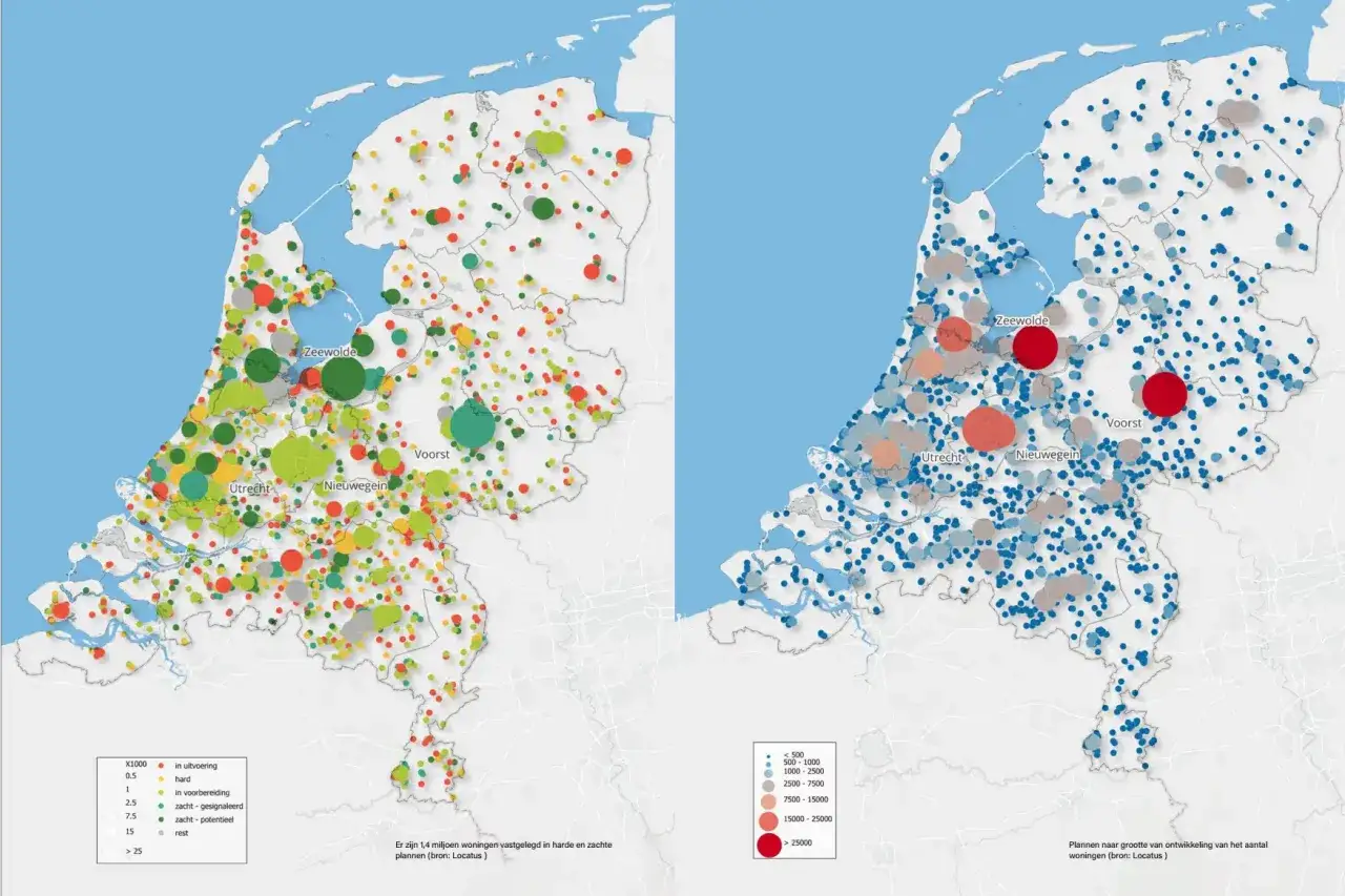 Kaarten tonen woningbouwplannen in Nederland. Links: status van plannen (uitvoering, voorbereiding, rest). Rechts: omvang van plannen. Belangrijk voor ruimtelijke ordening.