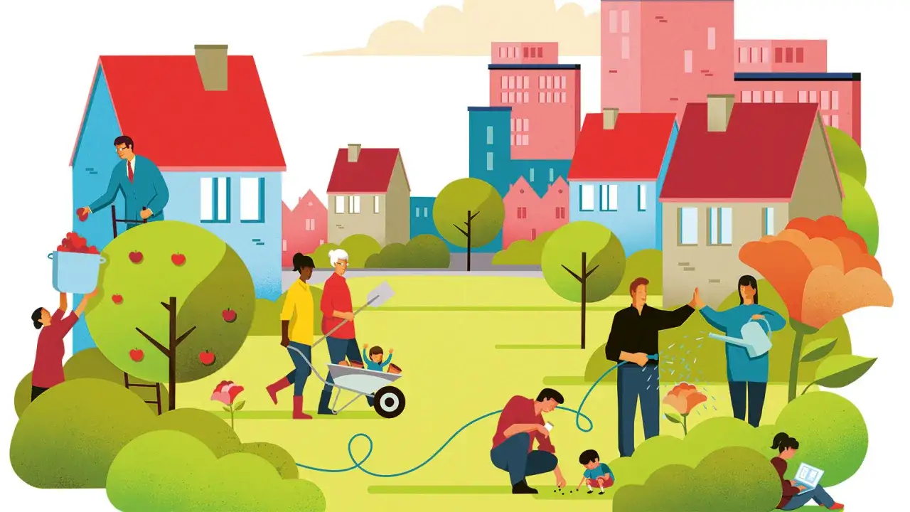 Mensen werken samen in een buurt, oogsten fruit, tuinieren en zorgen voor elkaar. Dit illustreert sociale duurzaamheid.