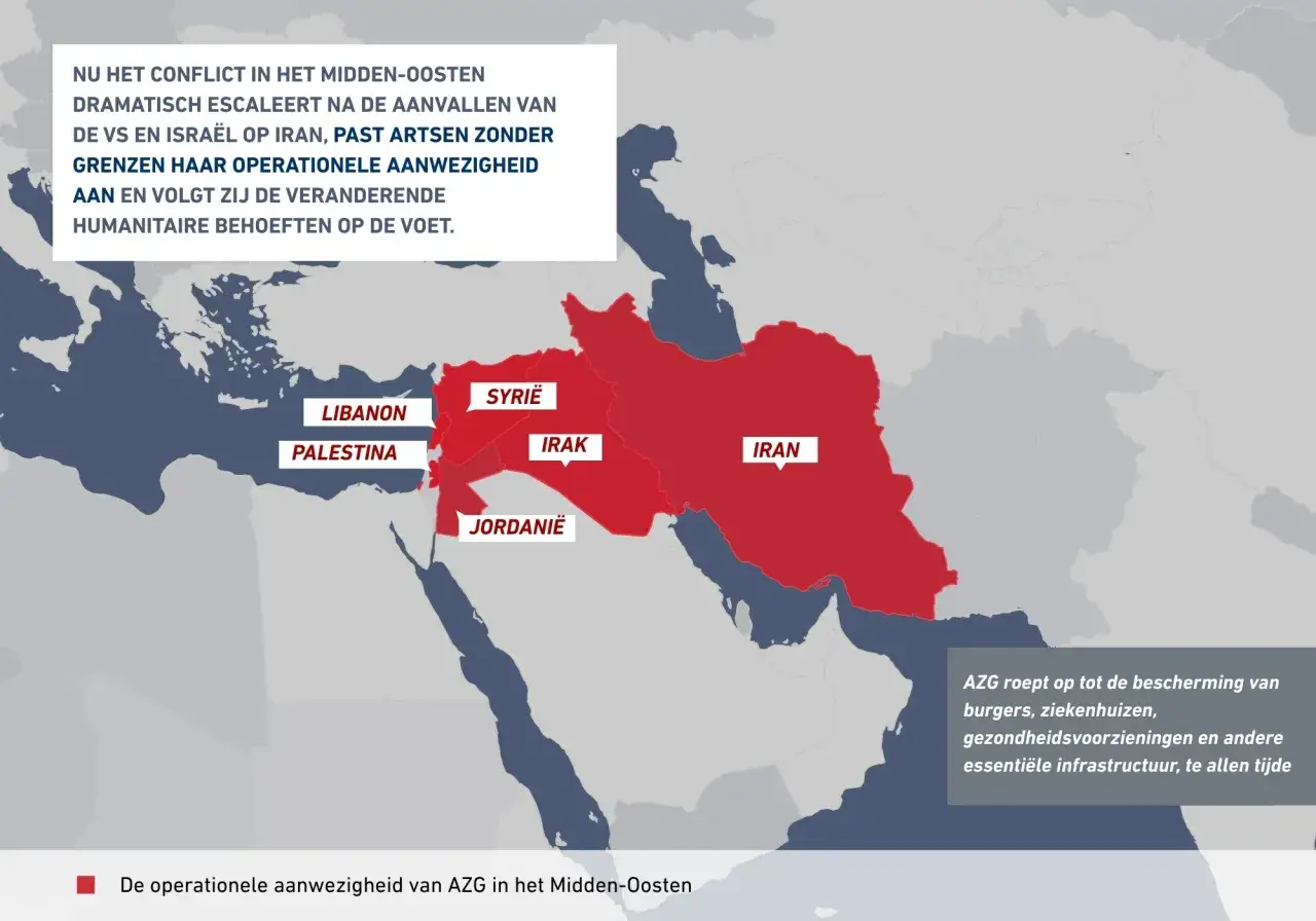 De escalatie van het oorlog in Gaza en het Midden-Oosten. AZG is aanwezig in Libanon, Palestina, Syrië, Jordanië, Irak en Iran.