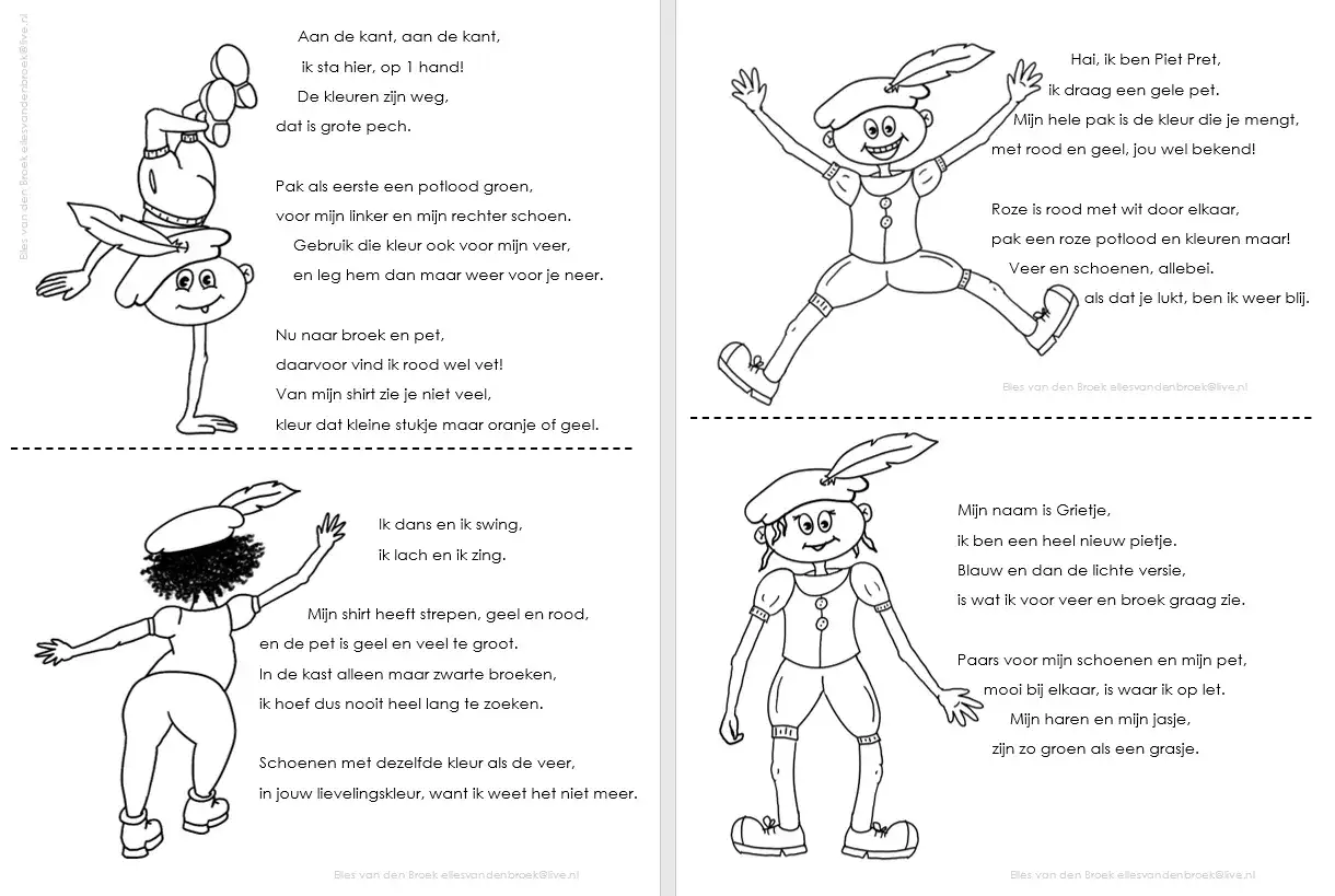 Zwarte Pieten met gedichtjes over kleuren. Een leuke oefening voor begrijpend lezen sinterklaas.