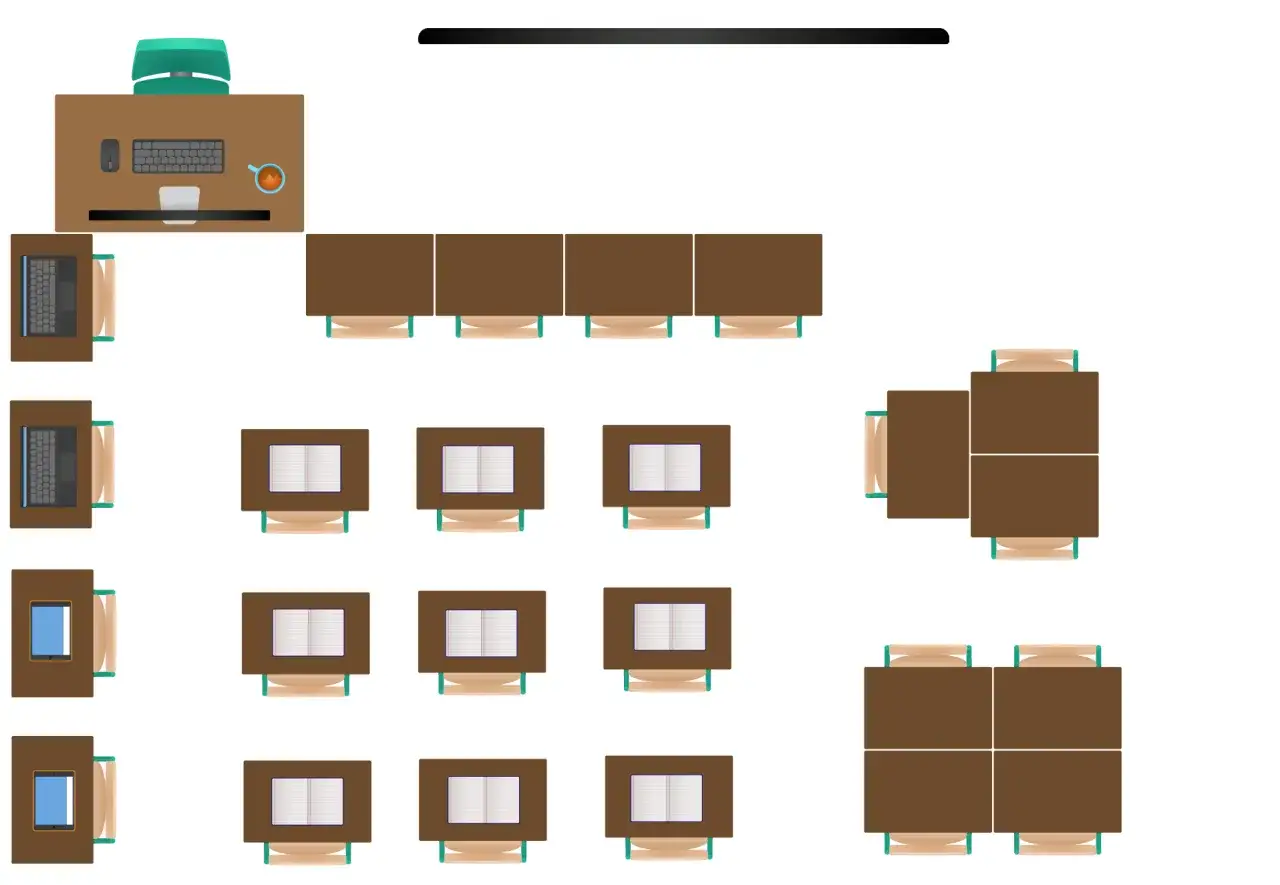 Een school opstelling met tafels en stoelen, laptops, boeken en een bureau met computer.