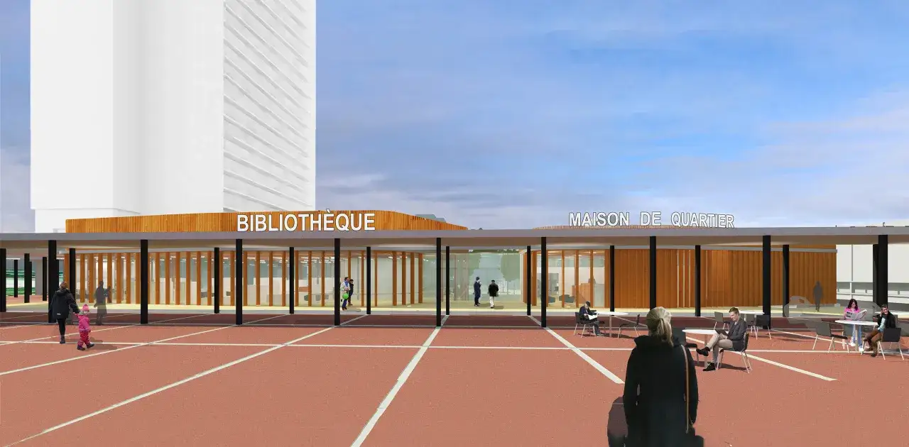 Moderne bibliotheek en wijkcentrum met glazen gevels en houten accenten. Mensen genieten buiten van het mooie weer, een echt derde plaats.