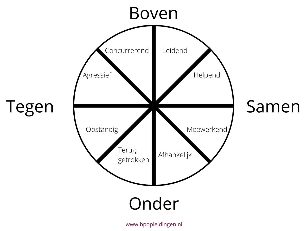 De Roos van Leary, een cirkeldiagram met acht segmenten die verschillende gedragsstijlen beschrijven zoals leidend, helpend, meewerkend, afhankelijk, teruggetrokken, opstandig, agressief en concurrerend.